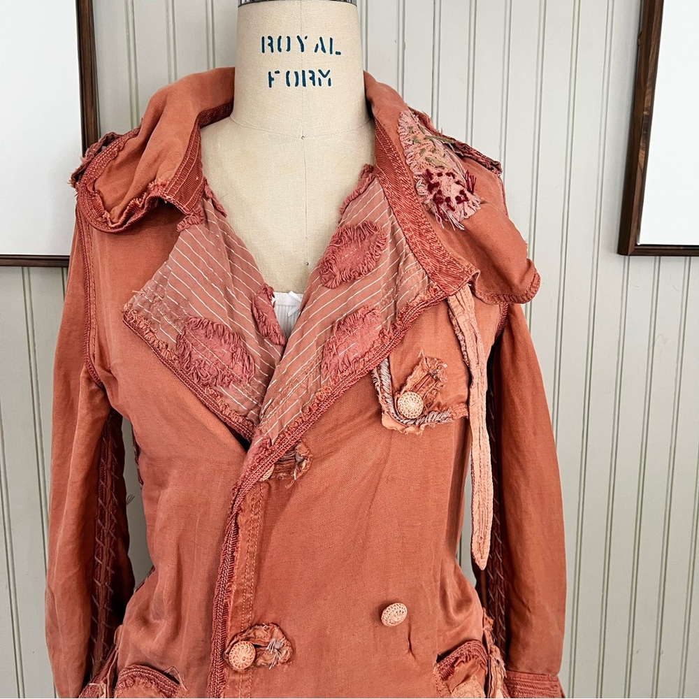 Shangana Hanmade Linen Patchwork Exposed Stitch Mid Length Duster Trench Coat - Picture 14 of 15